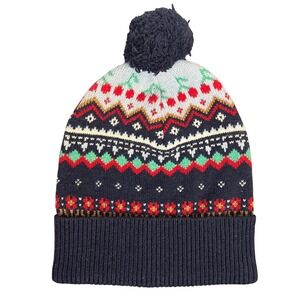 Crewcuts Kids Fair Isle Cherry Pom-Pom Beanie Navy Wool Blend Hat BM620 L-XL